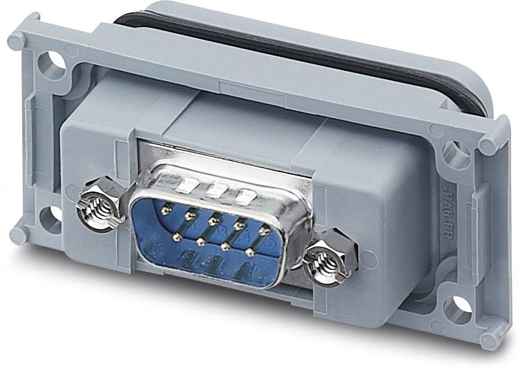 Een grijze D-Sub-stekker met blauwe bus en negen pinnen, geschikt voor elektronische verbindingen en bevestiging in apparaten.
