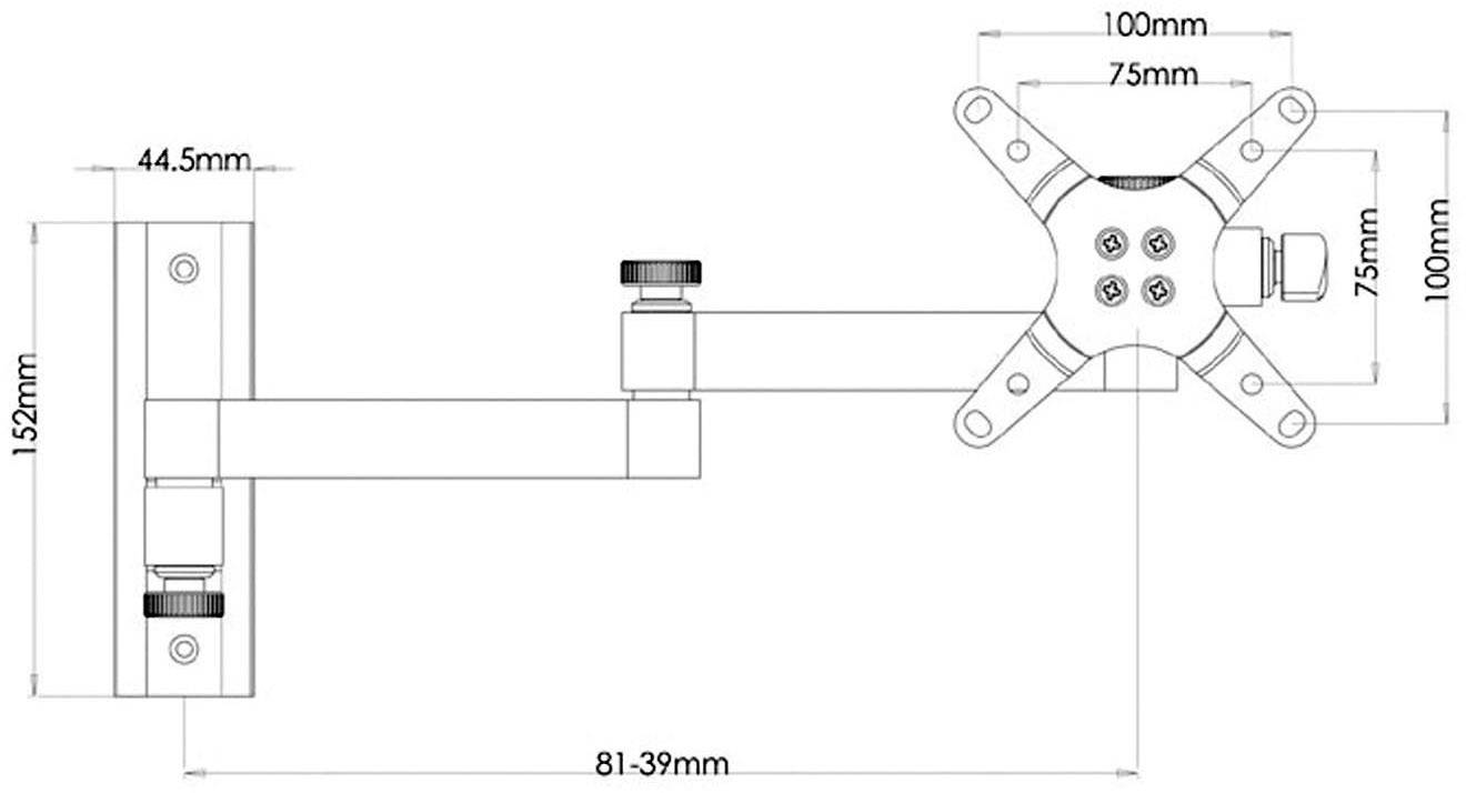 Technische tekening van een verstelbare monitorsteun met afmetingen: wandafstand 81-391 mm, VESA-patroon 75x75 of 100x100 mm.