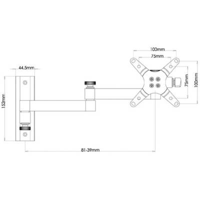 Technische tekening van een verstelbare monitorsteun met afmetingen: wandafstand 81-391 mm, VESA-patroon 75x75 of 100x100 mm.