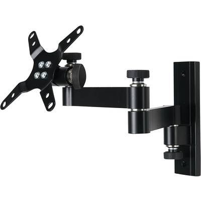 Zwenkbare zwarte monitorsteun aan de muur bevestigd, met verstelbare arm en VESA-bevestigingspatroon voor monitorbevestiging.