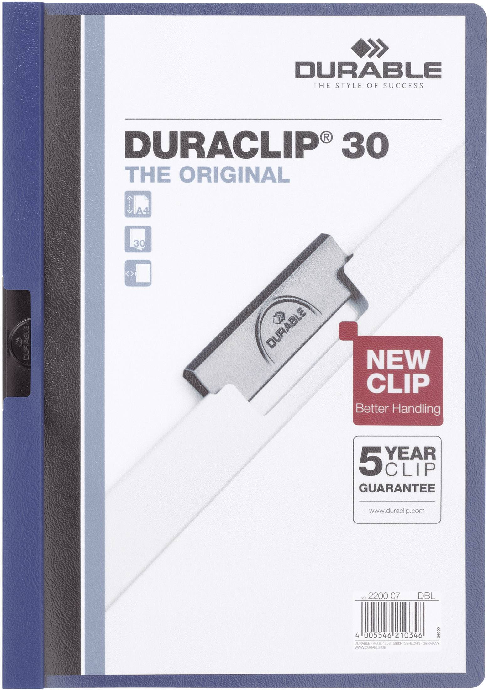 Een map met de titel 'Duraclip 30 - The Original'. Vermelding van nieuwe klem en 5 jaar garantie. Fabrikant: Durable.