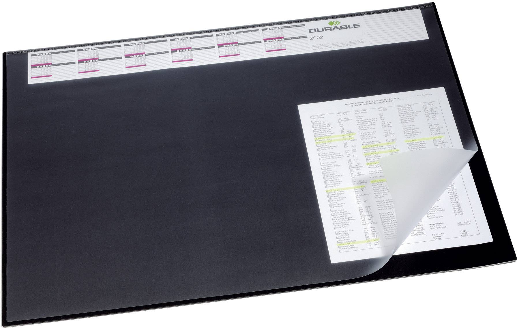 Zwarte bureauonderlegger met een transparante deksel, daaronder een kalender en een vel met aantekeningen.