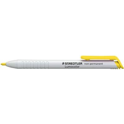 Witte kunststof schrijfstift met gele dop, merk 'Staedtler', niet-permanente inkt, model 'Lumocolor'.