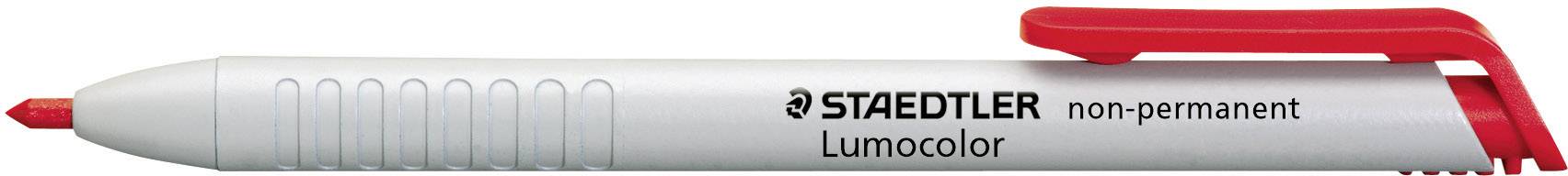 Een rode, niet-permanente Staedtler Lumocolor stift met een grijze schacht en rode clip.