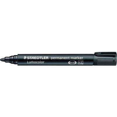 Zwarte, ronde Staedtler Lumocolor permanente marker met vilten punt, geschikt voor verschillende oppervlakken.