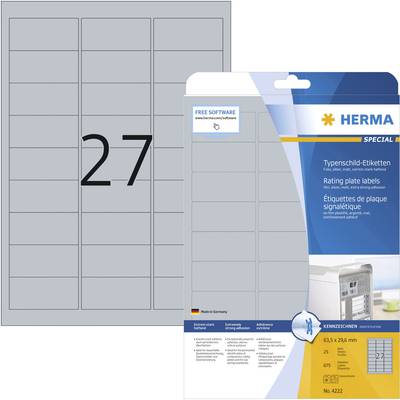 Herma 4222 Etiketten voor typeplaatjes 63.5 x 29.6 mm Polyester folie Zilver 675 stuk(s) Permanent hechtend Laser (zwart