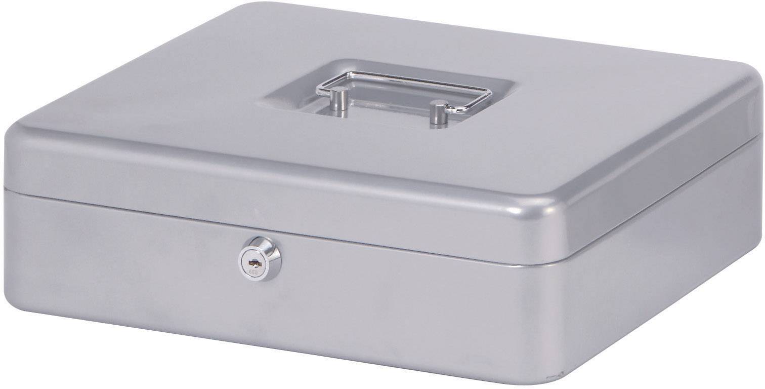 Een zilveren geldkistje met handvat en slot, bedoeld voor het veilig bewaren van geld of waardevolle spullen.