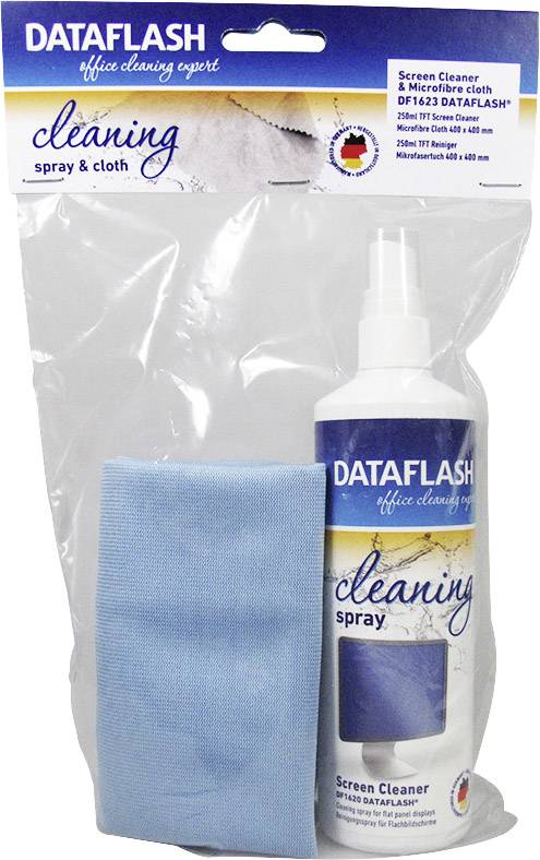 De afbeelding toont een DATAFLASH beeldschermreinigingsset met een spuitfles en een blauw microvezeldoekje in een transparante verpakking.