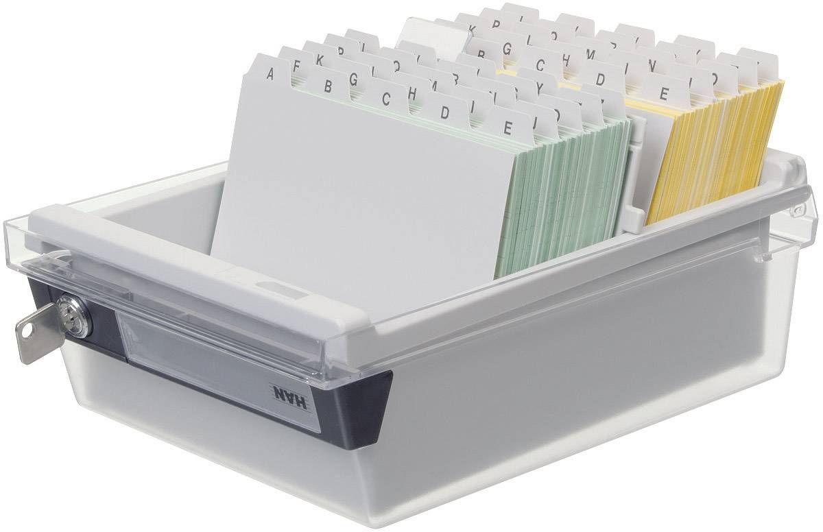 Een transparante, afsluitbare kaartenbak met registerkaarten in alfabetische volgorde van A tot Z.