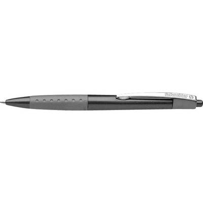Zwarte pen met gedeeltelijk doorzichtige clip, zijdelingse greep met ribbels; geschikt voor schrijven op papier.