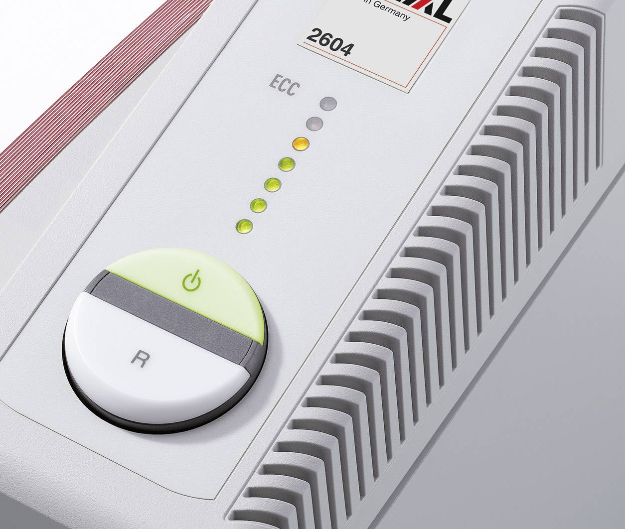 Een printer- of kopieerapparaat met aan/uit- en resetknop. Vijf controlelampjes geven de status aan om de bedrijfsgereedheid te tonen.