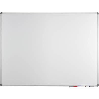 Wit whiteboard met zilveren rand en stiften in een houder; geschikt voor presentaties of aantekeningen.
