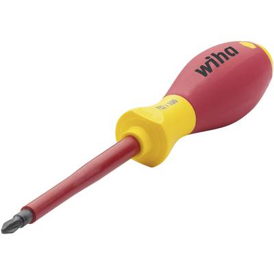 Een rode en gele schroevendraaier met ergonomische handgreep en kruiskopbek, merknaam zichtbaar op de handgreep.