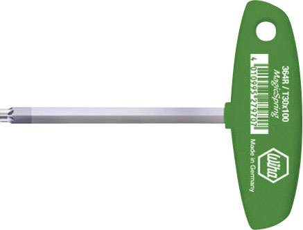 'T-sleutel met groene handgreep, vervaardigd in Duitsland, Wiha-logo en productcode. Gereedschap voor het hanteren van schroeven.'