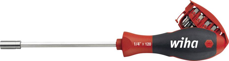 Een schroevendraaier met een rode handgreep en verwisselbare bitopslag. De tekst 'wiha' is zichtbaar op de handgreep.