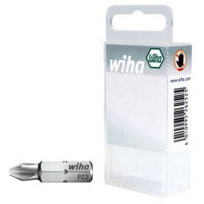 Een Wiha schroevendraaierbit PZ2 naast een transparante verpakking met opschrift 'Wiha', geschikt voor PZ2-schroeven.