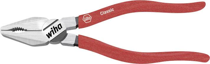 Een rode combinatietang van het merk 'wiha', met gegroefde grijpoppervlakken voor het vastpakken en doorsnijden van draden en kabels.