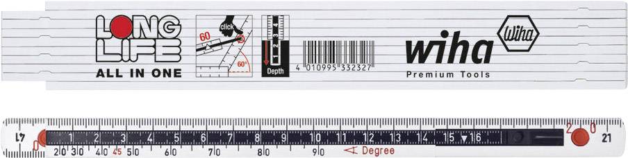 Klappmeter in het wit met rode markeringen, het logo 'Wiha' en de tekst 'Long Life All in One'. Twee schalen: cm/inch en hoek.