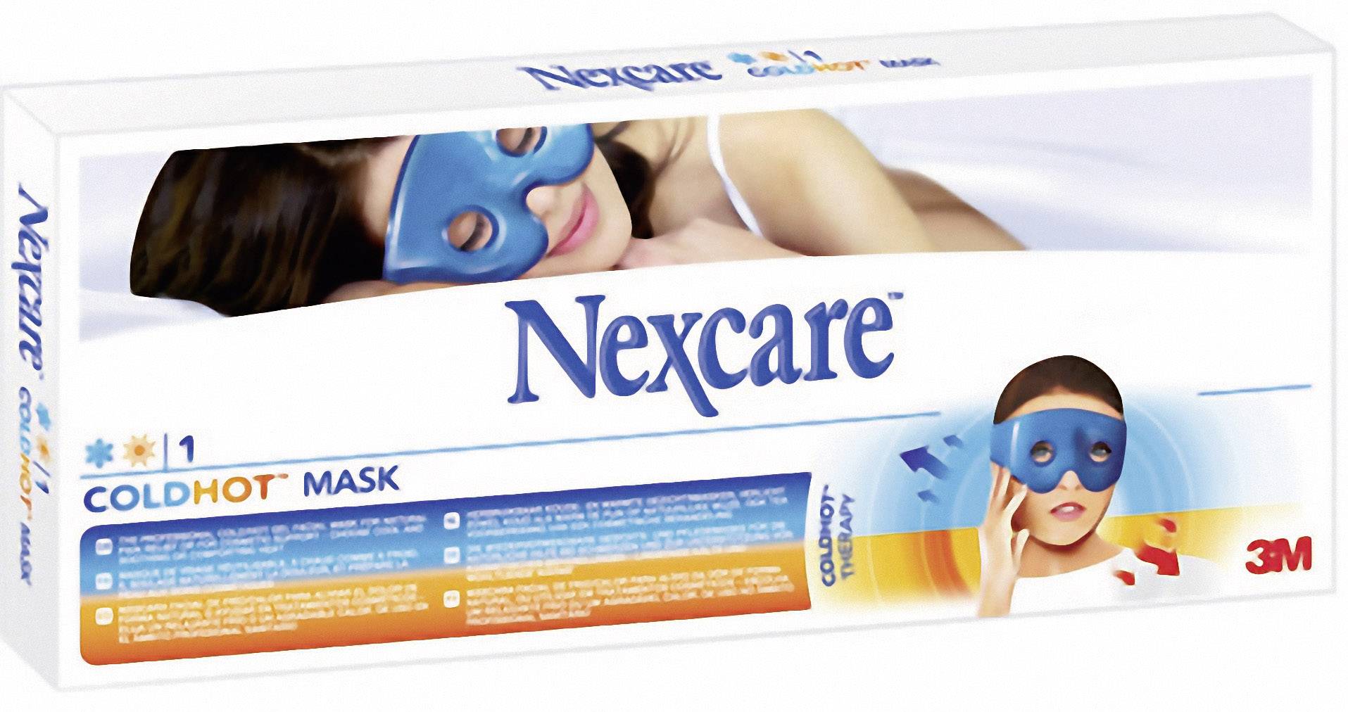 Een verpakking voor een Warm-Koud-Masker van het merk Nexcare. Toont een vrouw die een blauwe masker draagt.