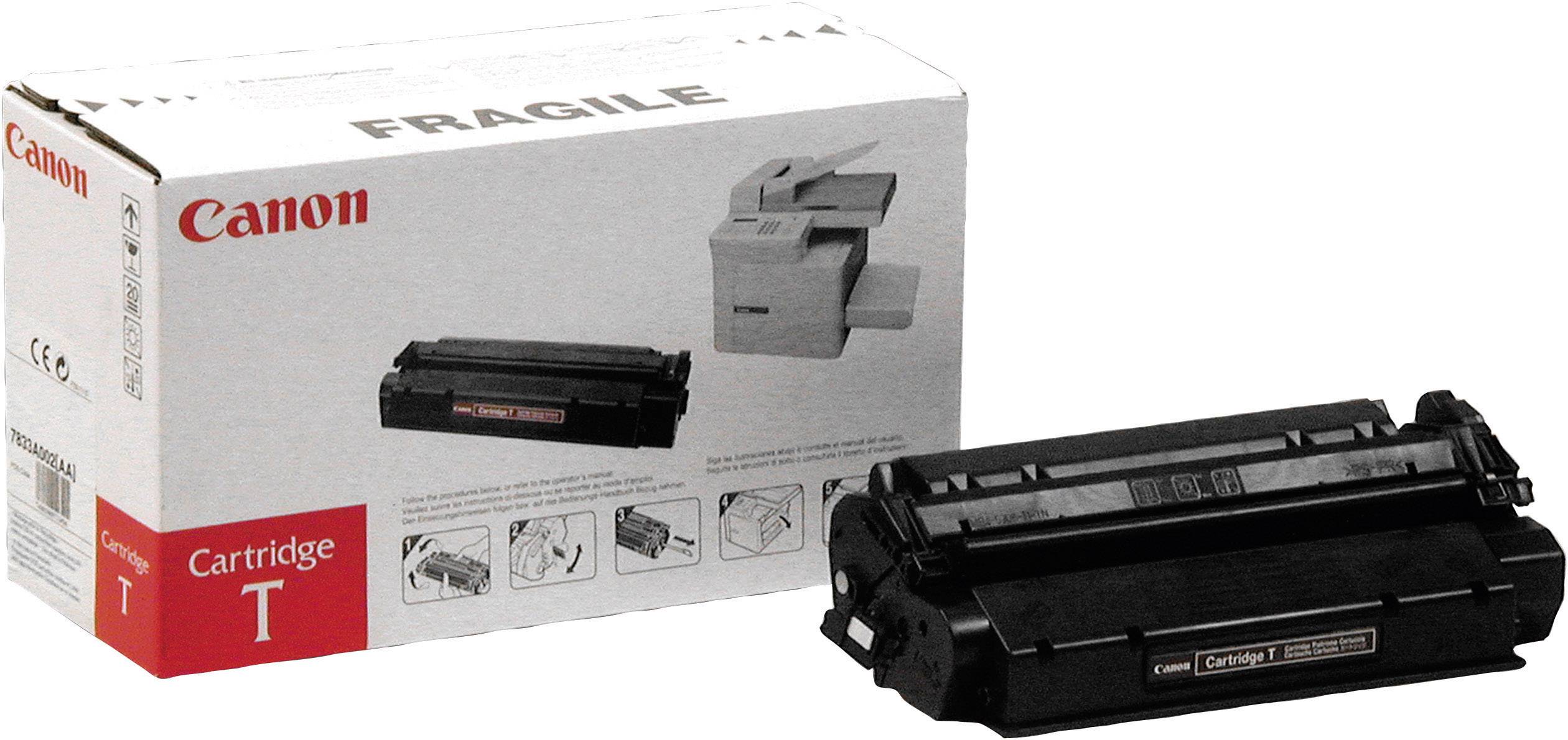 Een zwarte Canon-inktpatroon van de T-serie staat voor zijn verpakking. Op de verpakking is een printermodel afgebeeld.