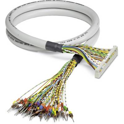 Een grijs kabelbundel met verschillende gekleurde draden en aansluitingen, dat wordt gebruikt voor elektronische apparaten en systemen.