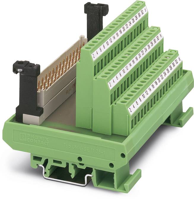 Elektronische groene aansluitklem met genummerde aansluitplaatsen, voor verbindingen in elektrische schakelkasten.