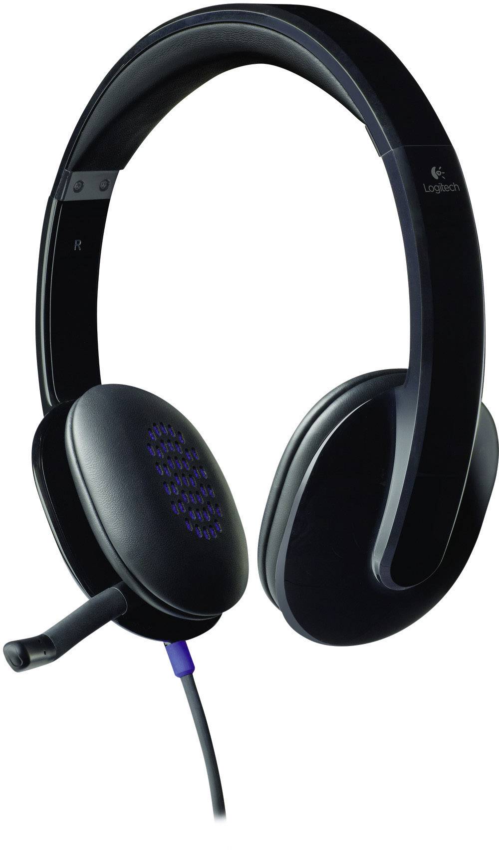 Zwart headset met microfoonarm, geschikt voor computer- of telefoongebruik, met Logitech-logo aan de zijkant.