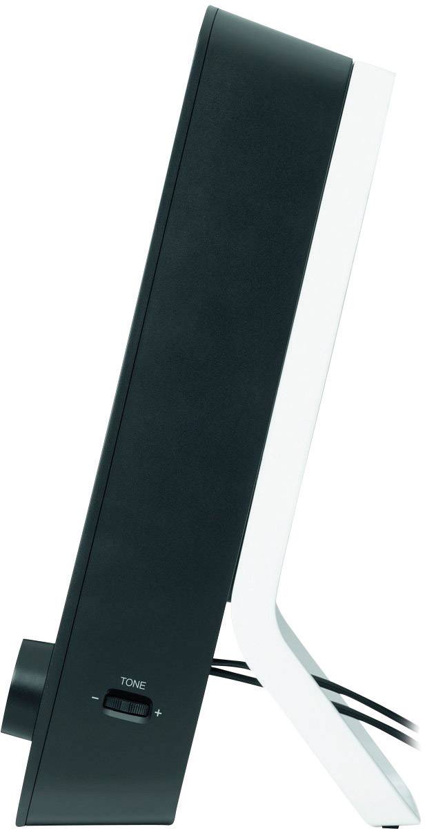 Zwarte tafel-luidspreker in zijaanzicht met een witte rand en een zichtbare toonregelaar aan de onderkant.