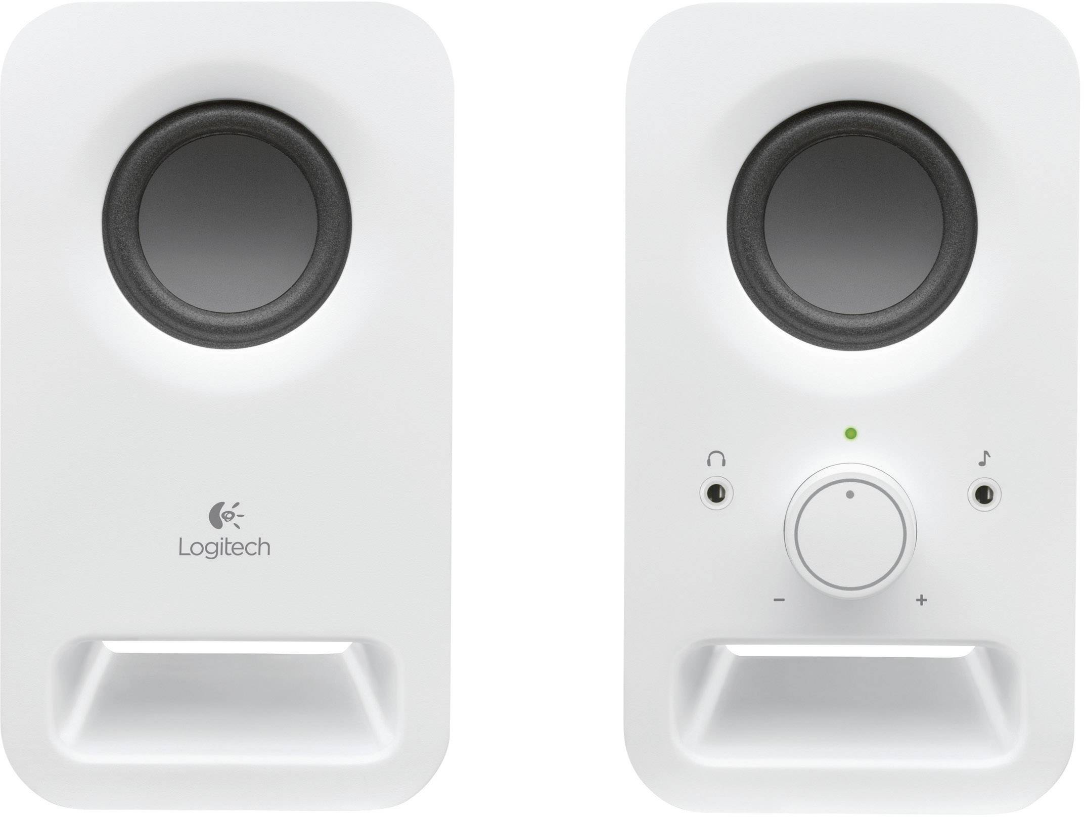 Witte luidsprekers met zwarte binnenrand, merk 'Logitech'. Eén luidspreker toont bedieningselementen: volumeregelaar, koptelefoonaansluiting.