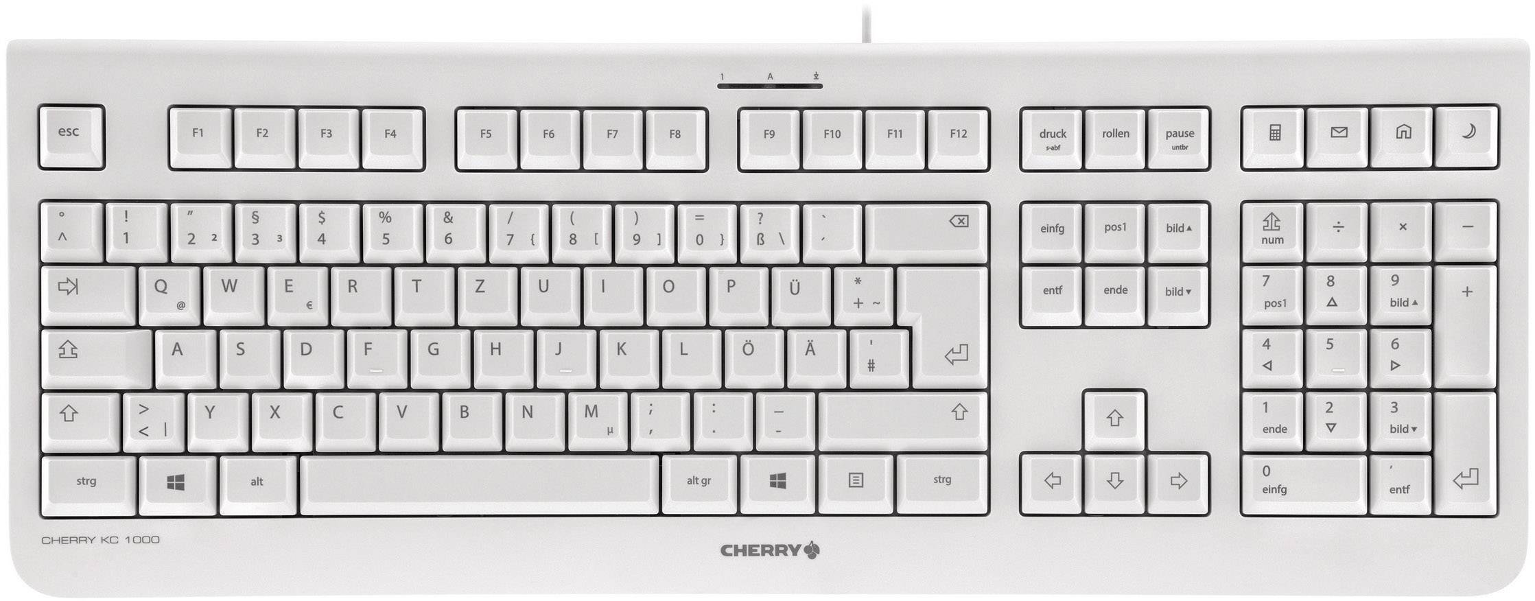 Een witte Cherry-toetsenbord met standaard QWERTZ-toetsindeling, inclusief functietoetsen en numeriek toetsenblok, ideaal voor kantoorwerkzaamheden.