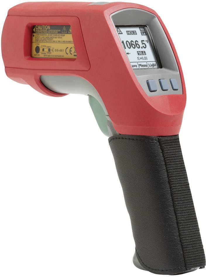 Een digitaal infrarood-thermometer met een rode en zwarte behuizing, toont een temperatuur van 1066,5 graden op het display.