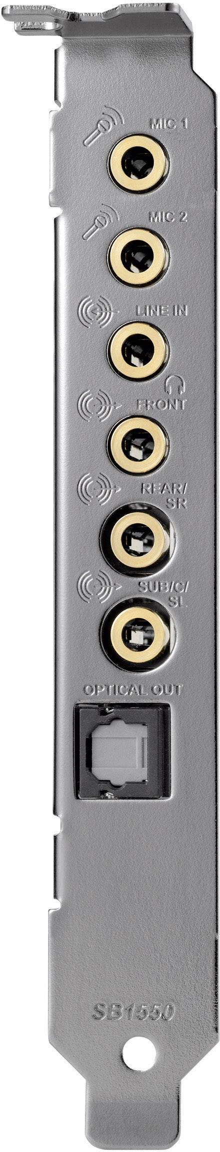 'Achterkant van een geluidskaart met zes ronde audio-aansluitingen en een optische aansluiting, voorzien van labels voor verschillende audiosignalen.'
