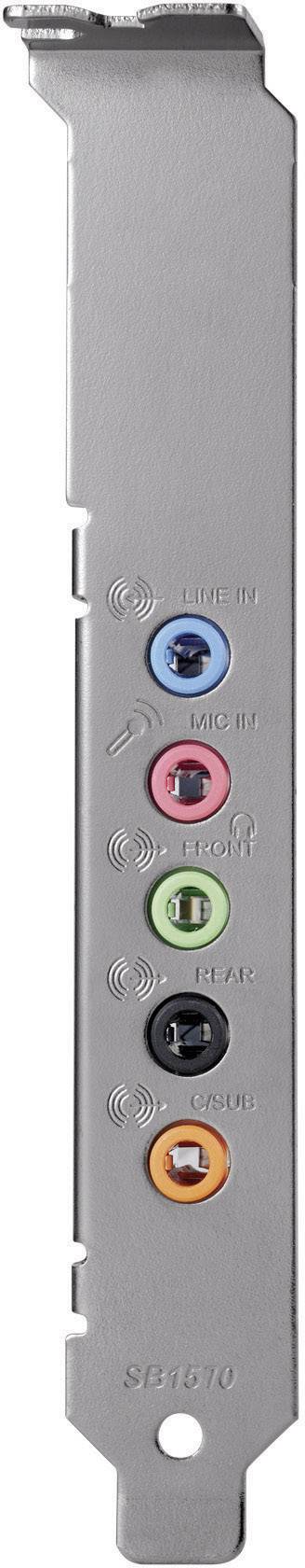 'Achterkant van een geluidskaart met poorten: Linker-uitgang, Microfoon, Line-In, Surround, Center/Subwoofer, Achter-Surround, S/PDIF.'