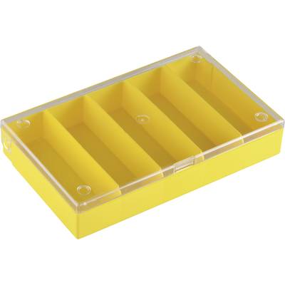 Gele, rechthoekige doos met een transparante deksel en vijf binnencompartimenten. Geschikt voor het opbergen van kleine voorwerpen.
