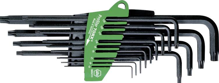 Een set van 9 zwarte Torx-inbussleutels, vastgehouden in een groene kunststof houder. Gesorteerd op grootte, van klein naar groot.