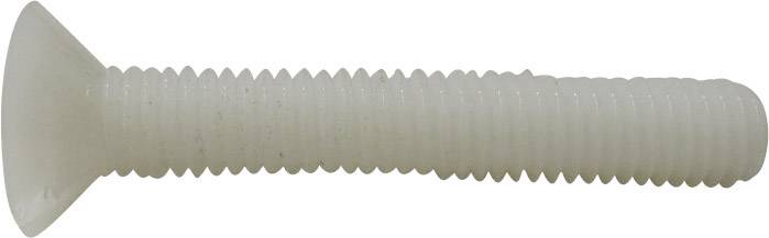 Een kunststof schroef met verzonken kop en schroefdraad is afgebeeld. De schroef ligt horizontaal en heeft een witte kleur.