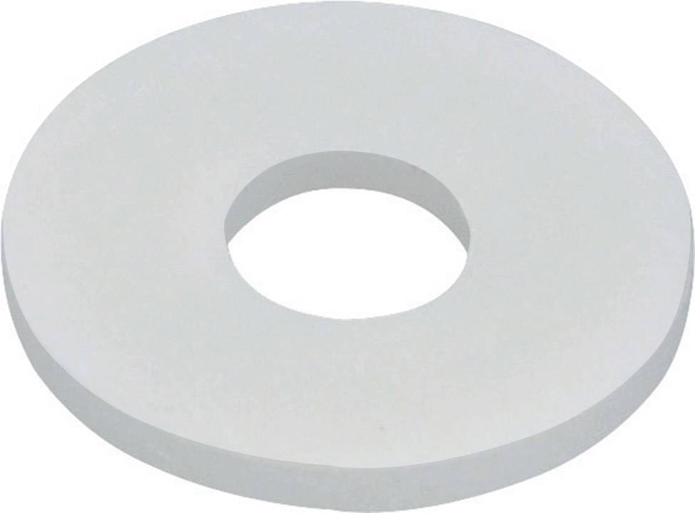 Een grote, grijze sluitring met een cirkelvormig gat in het midden, vaak gebruikt voor gelijkmatige drukverdeling bij schroeven.