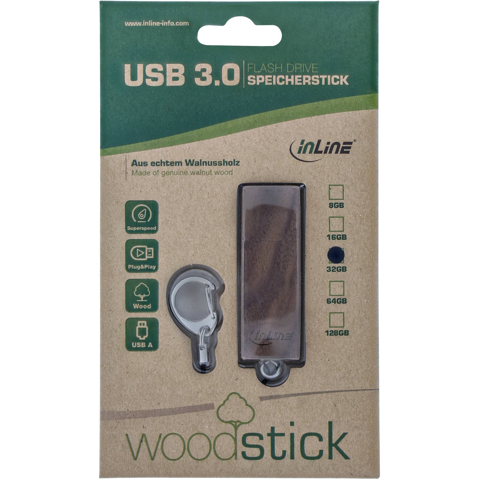 InLine® woodstick USB 3.0 geheugenstick, walnoot, 128GB-3