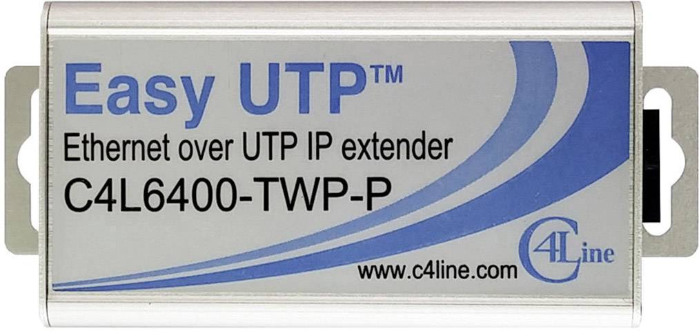 'Easy UTP' Ethernet via UTP IP Extender Model C4L6400-TWP-P, van c4line.com, grijze en blauwe behuizing met logo.