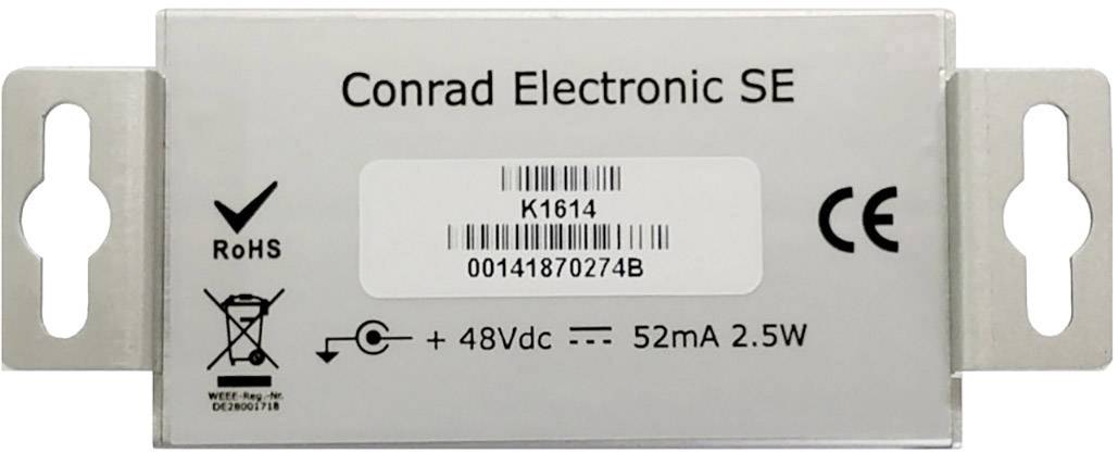 Een rechthoekig elektronisch onderdeel met de aanduiding 'Conrad Electronic SE', spanning '+48Vdc', en '52mA 2.5W'.