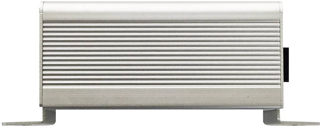 Een rechthoekige, zilverkleurige metalen behuizing met horizontale ventilatiesleuven, gemonteerd op twee bevestigingshoeken.