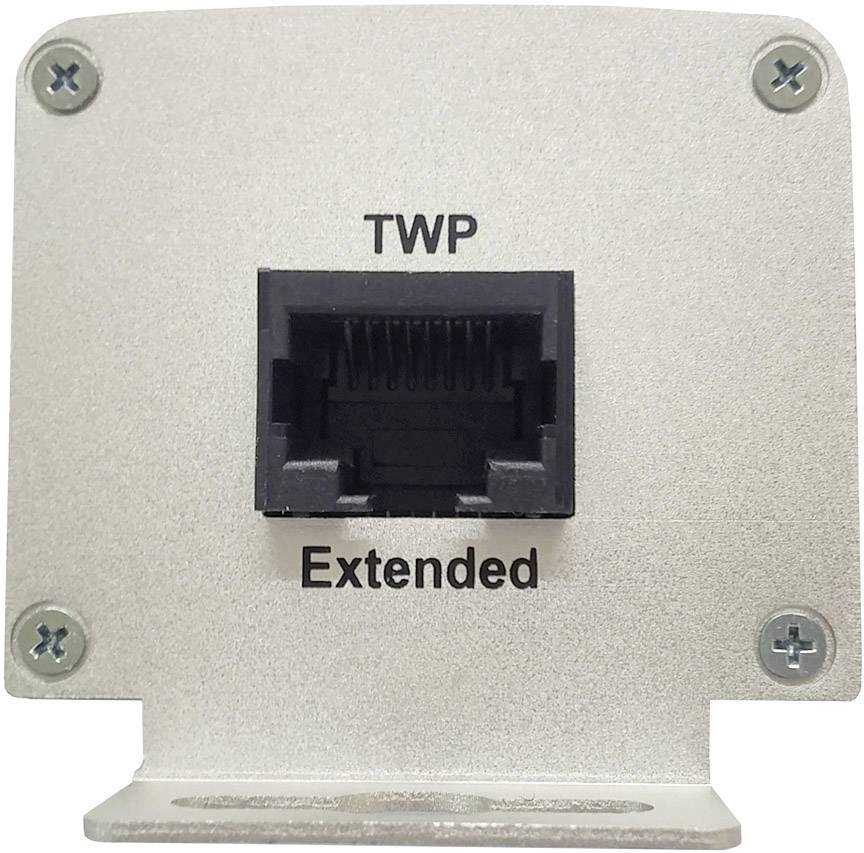 Metalen plaat met een RJ45-aansluiting in het midden, gemarkeerd met 'TWP Extended'.
