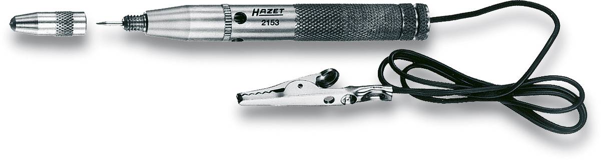 Een metalen testapparaat met een HAZET-logo, uitgerust met een krokodillenklem, type 2153, voor het controleren van elektrische leidingen.