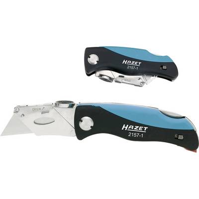 Twee vouwmessen met blauwe en zwarte handgrepen. Opschrift 'Hazet 2157-1'. Één mes is opengevouwen, het andere is dichtgevouwen.