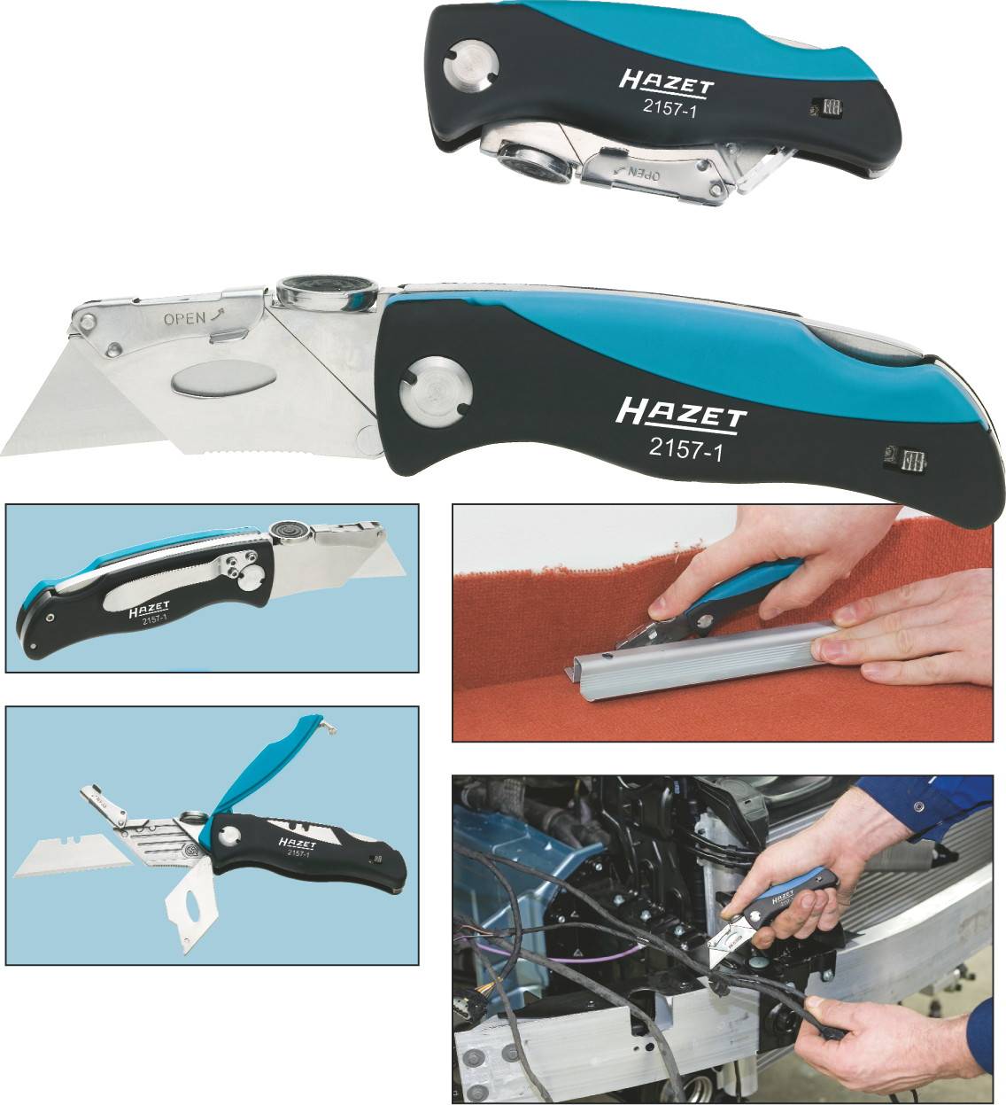 Vouwmes met blauwe en zwarte handgreep, open en dicht. Wordt gebruikt voor het doorknippen van kabels en stoffen.