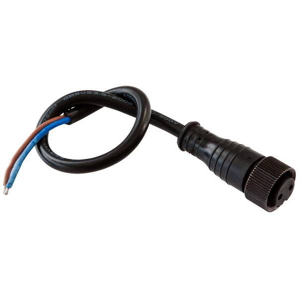 Een zwarte, spiraalvormige elektrische kabeladapter met een ronde stekker en drie blootliggende, gekleurde aders.