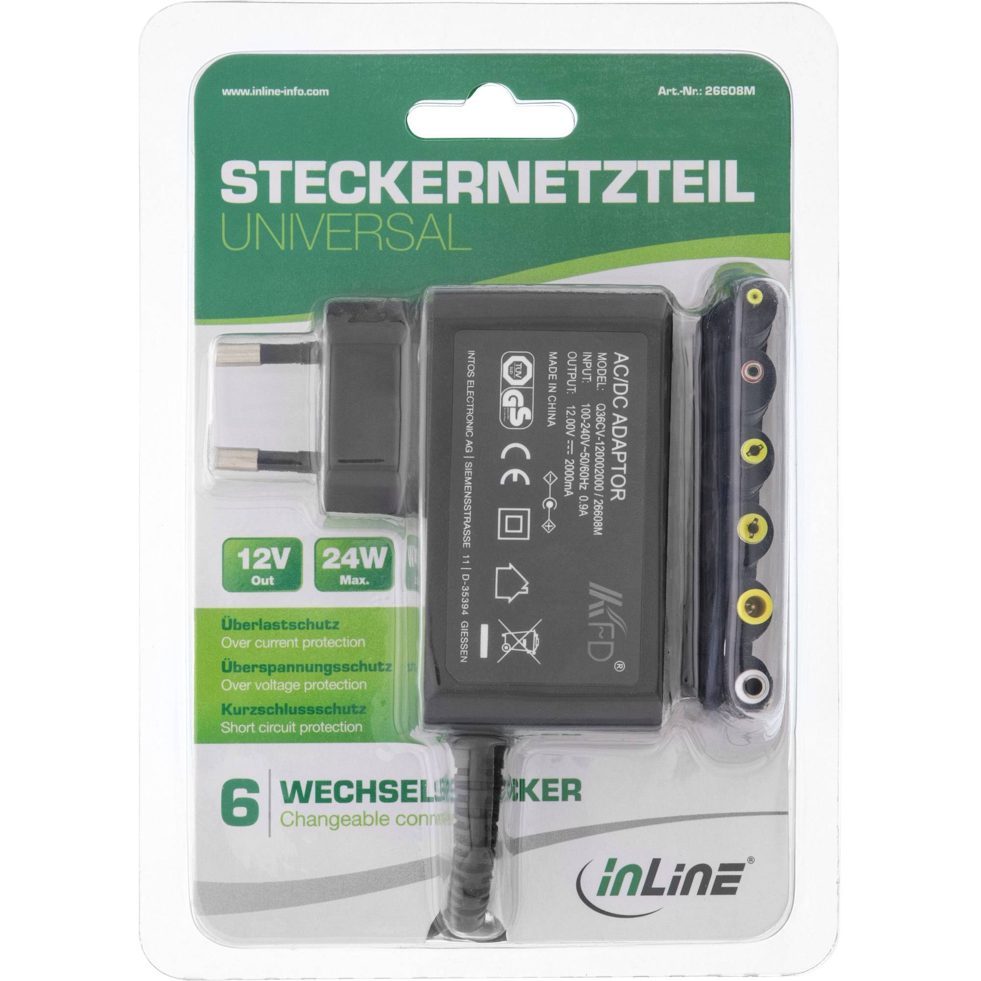 Universele voedingsadapter 12V / 2A / 24W met 6 verwisselbare pluggen / zwart - 1,8 meter-1