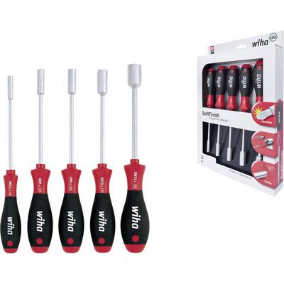 Een set van vijf schroevendraaiers met rode en zwarte handgrepen, verpakt in een doos met de opdruk 'SoftFinish', geschikt voor zeskantschroeven.