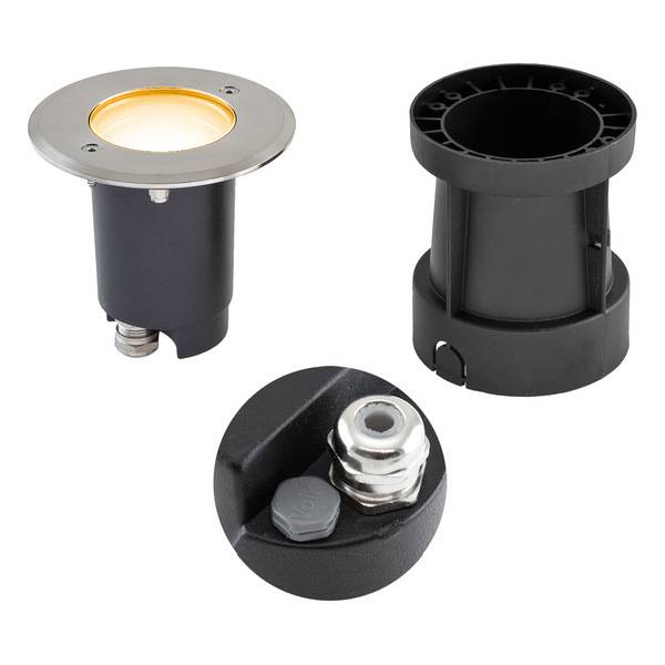 Drie onderdelen van een vloerspot, waaronder een roestvrijstalen afdekking met verlichting, een zwarte behuizing en een schroefverbinding.