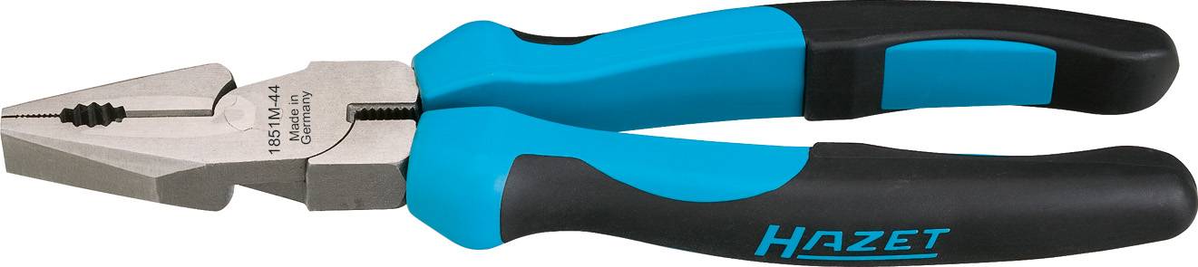 Een zilveren combinatietang met blauwe en zwarte handgrepen. Op de handgreep staat 'Hazet'. Ideaal voor grijpen en knippen.